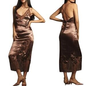 BY ANTHROPOLOGIE Plum Satin Lace Midi Pajama Dress, Size XL, New with Tag